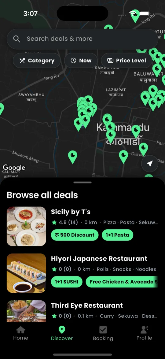 Step 1: BiteOut Discover map with Sicily by T's and other Kathmandu restaurants